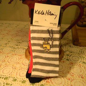 Keith Haring-3 Pair Pak-Dots & Striped-Figure Sock